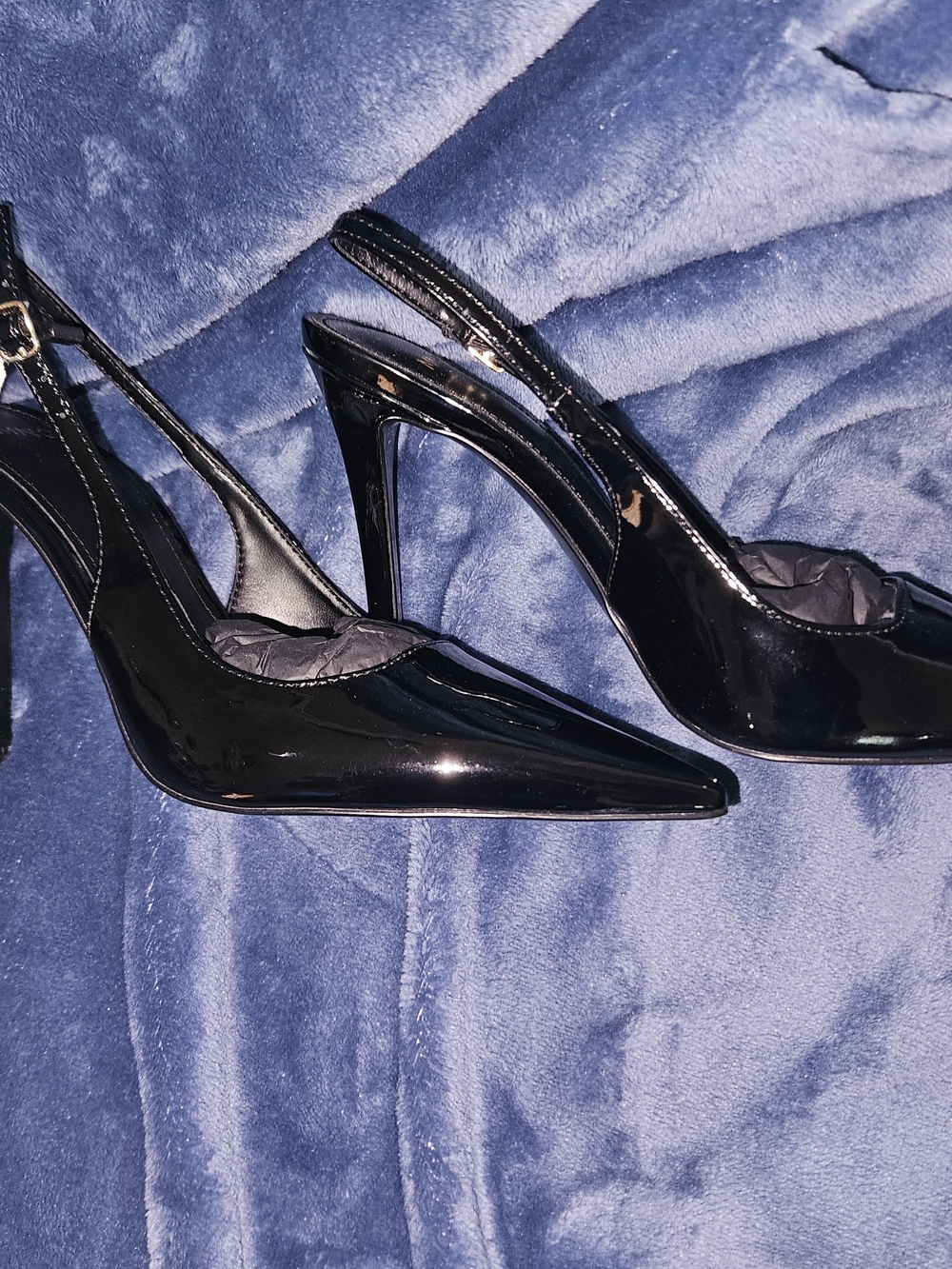 Black Patent Pointed-Toe Slingback Stilettto Heels